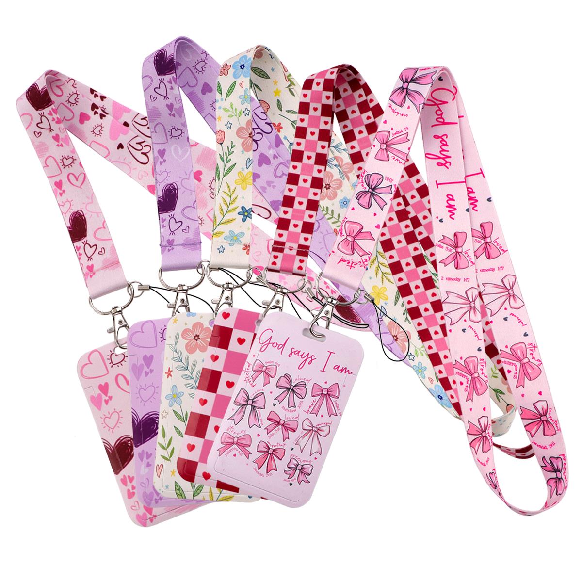 Neck Hanging Phone Holder - 귀여운 핑크 하트 리본 꽃무늬 랜야드